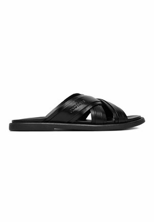 Schwarze Leder-Slipper-Sandale mit überkreuzten Riemen und flacher Sohle, mit eingeprägtem Markennamen am oberen Riemen.