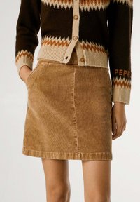 Gonna di velluto a coste marrone con forma a trapezio e tasche laterali. Abbinata a un cardigan a fantasia con tonalità terrose. Design strutturato e informale.