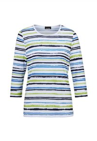 Gestreepte long-sleeve top met blauwe, groene en marineblauwe horizontale strepen op een witte achtergrond. Zacht katoenmateriaal met een ronde halslijn.