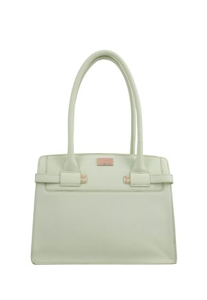 Sac à main en cuir vert clair avec deux longues poignées, forme rectangulaire, et petite plaque en métal doré au centre avant.