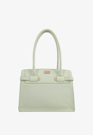 Sac à main en cuir vert clair avec deux longues poignées, forme rectangulaire, et petite plaque en métal doré au centre avant.