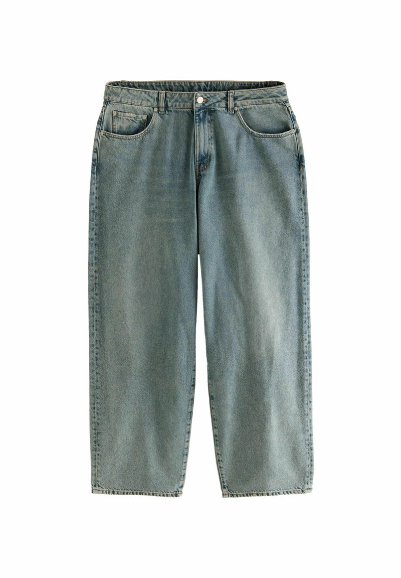 Svetle modré džíny rovného střihu vyrobené z denimu. Obsahují pět kapes, zapínání na knoflík a zip a mají minimální opotřebení na látce.