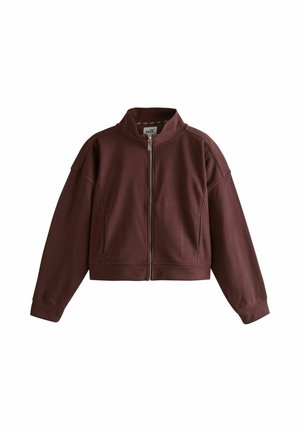 Dunkelbraune, gekürzte Jacke mit langen Ärmeln, hohem Kragen und durchgehendem Reißverschluss vorne.