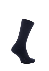 Marineblaue Socken aus weichem Stoff, mit einem gerippten Bündchen, glatter Textur und einer leicht verstärkten Ferse und Zehen für zusätzliche Haltbarkeit.