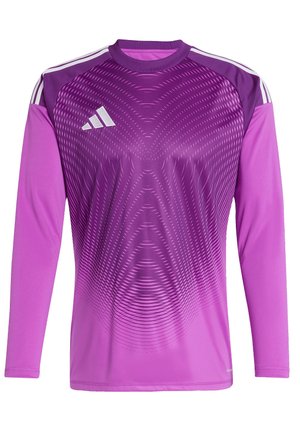 Purple long-sleeve athletic shirt with a gradient pattern. Features a crew neckline and three white stripes on the shoulders.