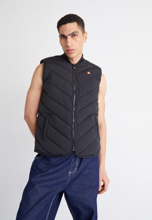 Gilet invernale senza maniche nero con chiusura a zip, caratterizzato da un motivo a rombi e un piccolo logo multicolore sul petto.
