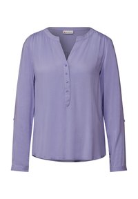 Blusa a maniche lunghe lavanda in tessuto leggero, caratterizzata da una patta con bottoni, una texture morbida e una vestibilità rilassata con dettagli arricciati sulle spalle.