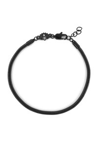 Black bracelet made of flexible metal links, featuring a floral-shaped clasp and an adjustable chain. Smooth texture throughout.