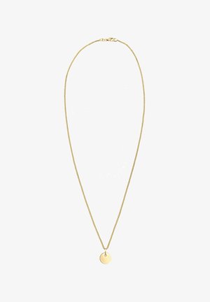 Colier cu ton auriu, având un lanț fin, texturat și un pandantiv rotund, plat. Închizătoarea este standard și este poziționată în spate.