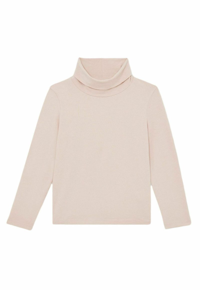 Tricou cu guler înalt de culoare roz deschis, fabricat dintr-un material moale, cu mâneci lungi și guler pliat, având o textură netedă și un design simplu.