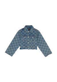 Gekürzte Jeansjacke in Hellblau mit einem Logo-Design, Knopfleiste, zwei Brusttaschen und ausgefranstem Saum.