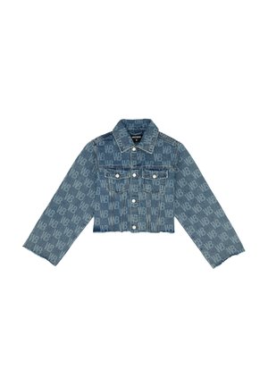 Cropped denim jacket in light blue featuring an all-over logo pattern, button front, two chest pockets, and frayed hem.