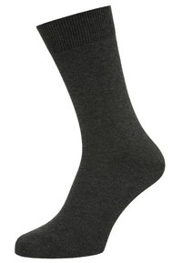 Dunkelgraue Baumwollsocke mit ribbeltem Oberteil, glatter Textur, standardmäßiger Knöchelhöhe sowie verstärkten Zehen- und Fersenbereichen.