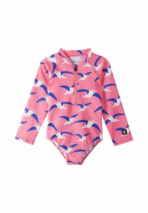Rosa langärmeliger Baby-Badeanzug mit blau-weißem Möwenmuster und Frontreißverschluss.