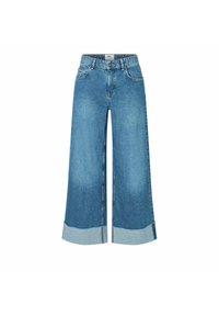 Weite Denim-Jeans in Hellblau mit rohem Saum und ausgefransten Manschetten. Klassisches Fünf-Taschen-Design mit einem Frontknopfverschluss.