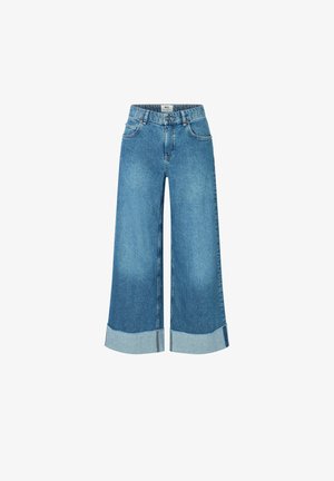 Weite Denim-Jeans in Hellblau mit rohem Saum und ausgefransten Manschetten. Klassisches Fünf-Taschen-Design mit einem Frontknopfverschluss.