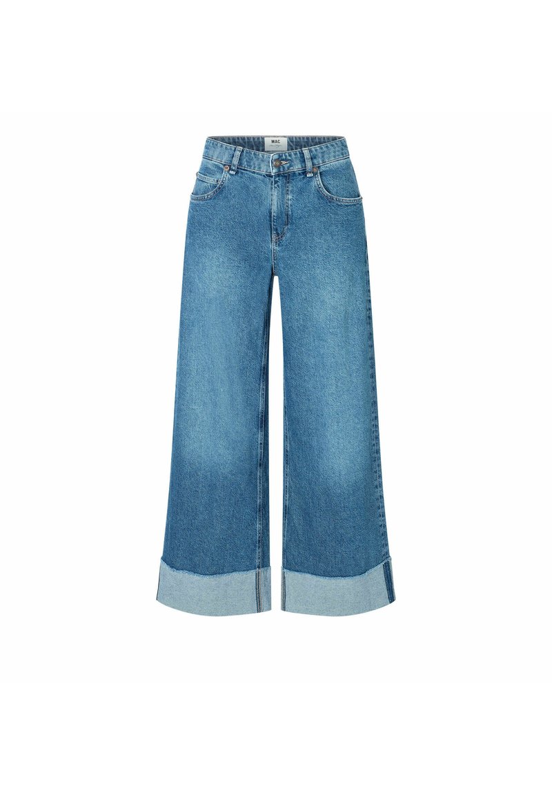 Weite Denim-Jeans in Hellblau mit rohem Saum und ausgefransten Manschetten. Klassisches Fünf-Taschen-Design mit einem Frontknopfverschluss.