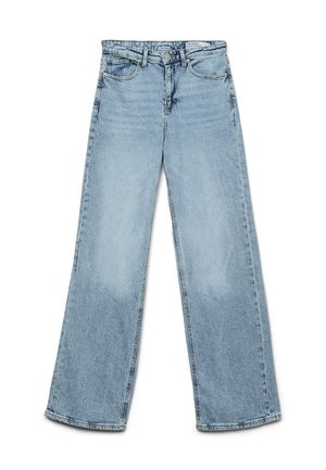 Lys blå vide jeans laget av denim, med et klassisk femlommers design og en rett skåret stil med minimal falming på bena.