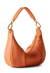 Orange leather handbag with a unique curved shape, gold hardware accents, a zipper detail, and a textured strap.
