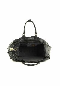Borsa in pelle nera con un ampio interno, chiusura superiore con zip, due manici e dettagli in metallo dorato. Mostra compartimenti interni e texture.