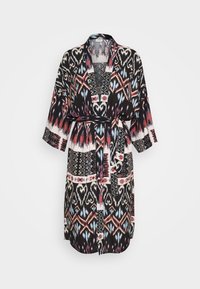 Robe noire de style kimono avec des motifs tribaux colorés, des manches larges, une ceinture à nouer et des poches latérales. Tissu doux et léger.