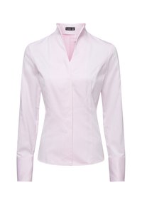 Camicetta rosa chiaro a maniche lunghe con colletto alla mandarino, design aderente e tessuto di cotone liscio. Presenta una patta frontale nascosta e cuciture strutturate.