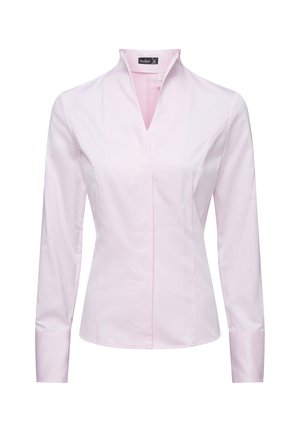Helles rosa Langarmhemd mit Stehkragen, figurbetontem Design und glattem Baumwollmaterial. Verfügt über eine verdeckte Knopfleiste an der Vorderseite und strukturierte Nähte.