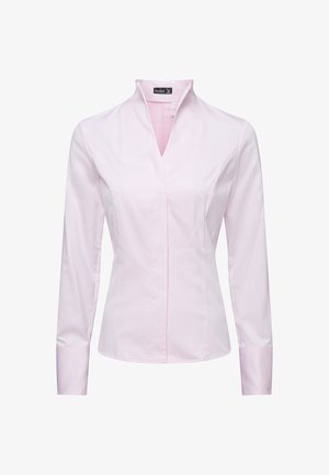 Helles rosa Langarmhemd mit Stehkragen, figurbetontem Design und glattem Baumwollmaterial. Verfügt über eine verdeckte Knopfleiste an der Vorderseite und strukturierte Nähte.