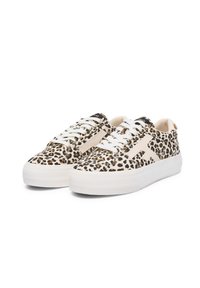 Leopard-print sneakers featuring a canvas upper, white laces, a thick white sole, and a beige accent on the side.