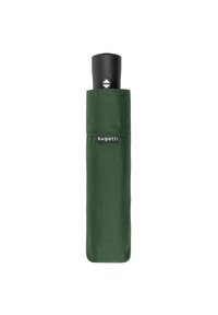 Housse de parapluie verte avec un manche noir, comportant une étiquette de marque. La housse a une texture lisse et un design épuré.
