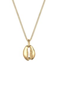 Gouden ketting met een cowrie schelpenhanger met een gedetailleerd, textuur oppervlak, hangend aan een delicate ketting.
