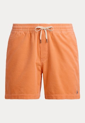 Oranžové krátke nohavice z kordurovej látky s elastickým pásom, sťahovacou šnúrkou a jemným detailom loga na leme. Textúrovaná látka s vertikálnymi líniami.