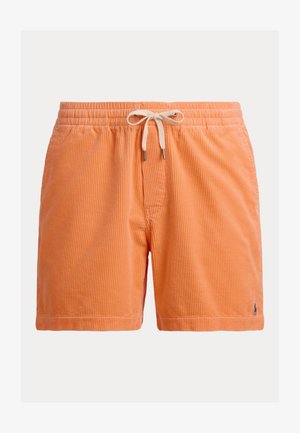 Narancssárga kordbársony rövidnadrág rugalmas derékpánttal, húzózsinórral és finom logó részlettel az alján. Texturált anyag függőleges vonalakkal.