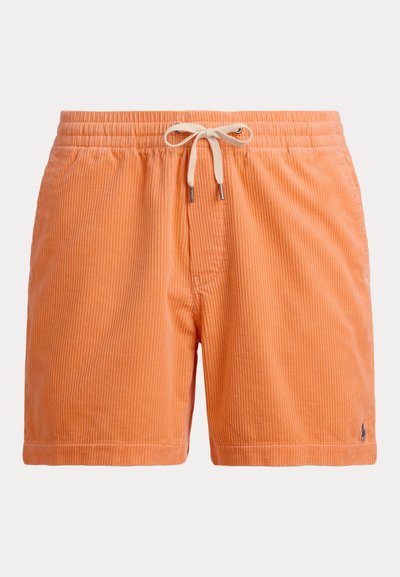 Πορτοκαλί βερμούδα από κορδούρα με ελαστική ζώνη μέσης, κορδόνι και διακριτική λεπτομέρεια λογοτύπου στο τελείωμα. Υφασμάτινη υφή με κάθετες γραμμές.