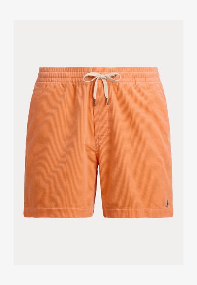 Πορτοκαλί βερμούδα από κορδούρα με ελαστική ζώνη μέσης, κορδόνι και διακριτική λεπτομέρεια λογοτύπου στο τελείωμα. Υφασμάτινη υφή με κάθετες γραμμές.