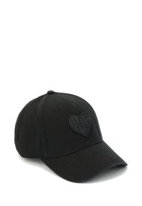 Black baseball cap made of fabric with a curved brim, featuring a textured heart logo on the front and a stitched eyelet on the top.