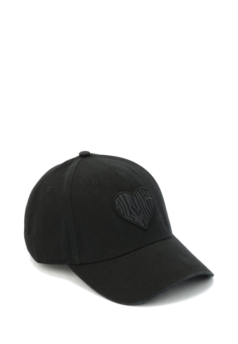 Black baseball cap made of fabric with a curved brim, featuring a textured heart logo on the front and a stitched eyelet on the top.