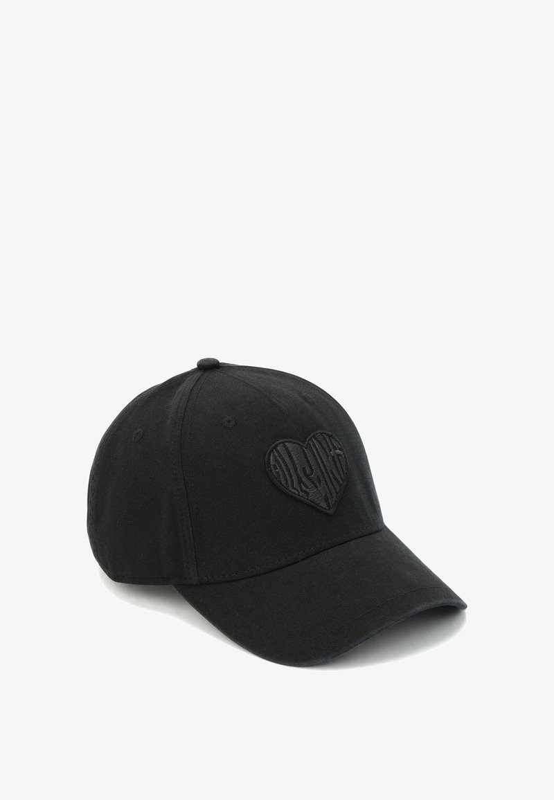 Black baseball cap made of fabric with a curved brim, featuring a textured heart logo on the front and a stitched eyelet on the top.
