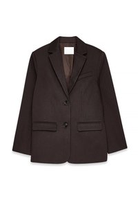 Blazer en laine brun foncé avec deux boutons, deux poches avant à rabat, une poche poitrine passepoilée et des revers à crans, présenté à plat sur fond blanc.
