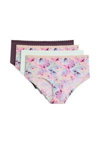 Quattro paia di mutandine da donna in diverse tonalità: viola scuro, beige soffice, verde menta e un motivo floreale con colori pastello. Presentano una rifinitura in pizzo.