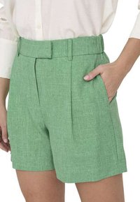 Pantalones cortos de lino verde con un acabado texturizado, que presentan una cintura alta, pliegues y bolsillos laterales. La tela tiene un patrón sutil para mayor detalle.