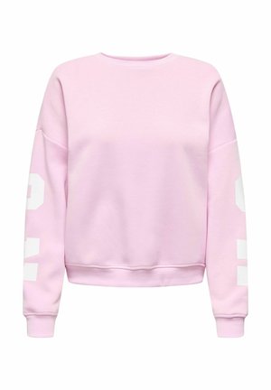 Hellrosa Sweatshirt mit Rundhalsausschnitt und überschnittenen Schultern. Mit weißem grafischem Text auf beiden Ärmeln sowie gerippten Bündchen und Saum.