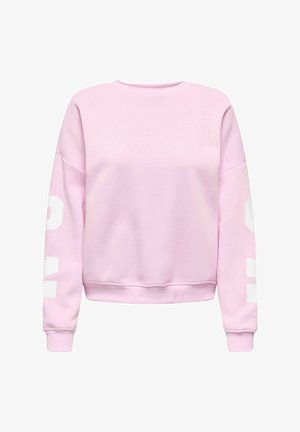 Hellrosa Sweatshirt mit Rundhalsausschnitt und überschnittenen Schultern. Mit weißem grafischem Text auf beiden Ärmeln sowie gerippten Bündchen und Saum.