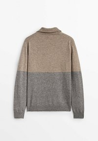 Knit sweater with a collared neckline, featuring a horizontal color block design in beige and dark gray tones. Made from a soft fabric.