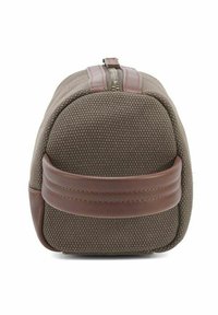 Brązowa torba kosmetyczna z teksturowanej tkaniny, z skórzanym uchwytem i zamkiem błyskawicznym na górze.