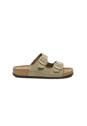 Beige Wildleder-Slide-Sandale mit zwei verstellbaren goldenen Schnallen, Kork-Fußbett und schwarzer Gummisohle.
