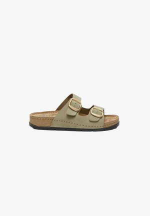 Sandalo scivolo beige in camoscio con due fibbie dorate regolabili, sottopiede in sughero e suola in gomma nera.