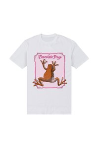 Biała koszulka z brązowym wzorem żaby z rozpostartymi kończynami. Nad żabą napis "Czekoladowe żaby" na różowym tle w paski.