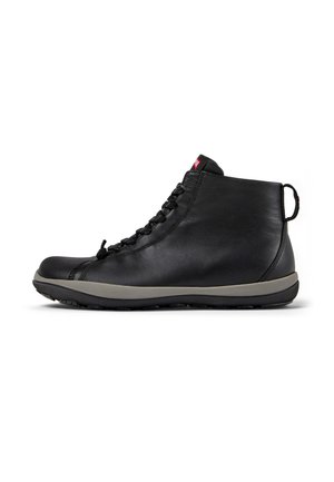 Black leather ankle boots with a rounded toe, featuring a gray rubber sole, lace closure, and a pull tab at the heel for easy wear.