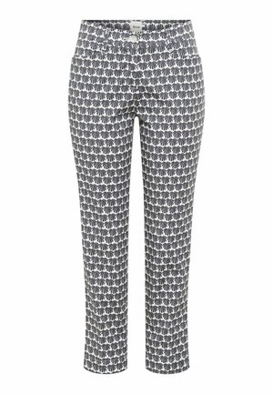 Witte cropped broek met zwart schelpjespatroon, knoopsluiting aan de voorkant en ritssluiting.